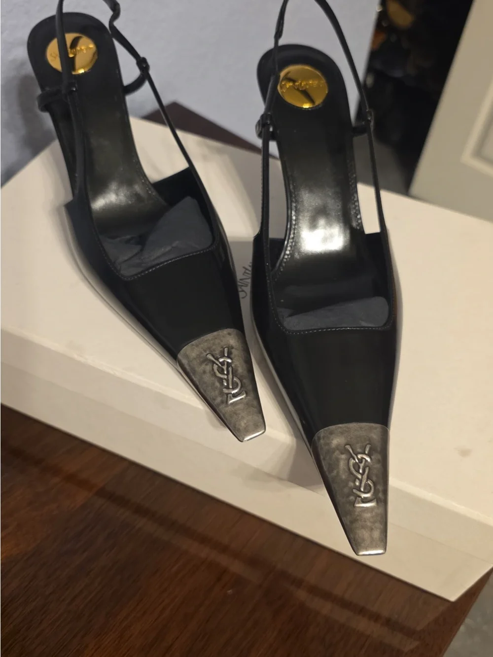 Yves Saint Laurent Black Leather Slingback Espadrilles with Silver Toe Caps